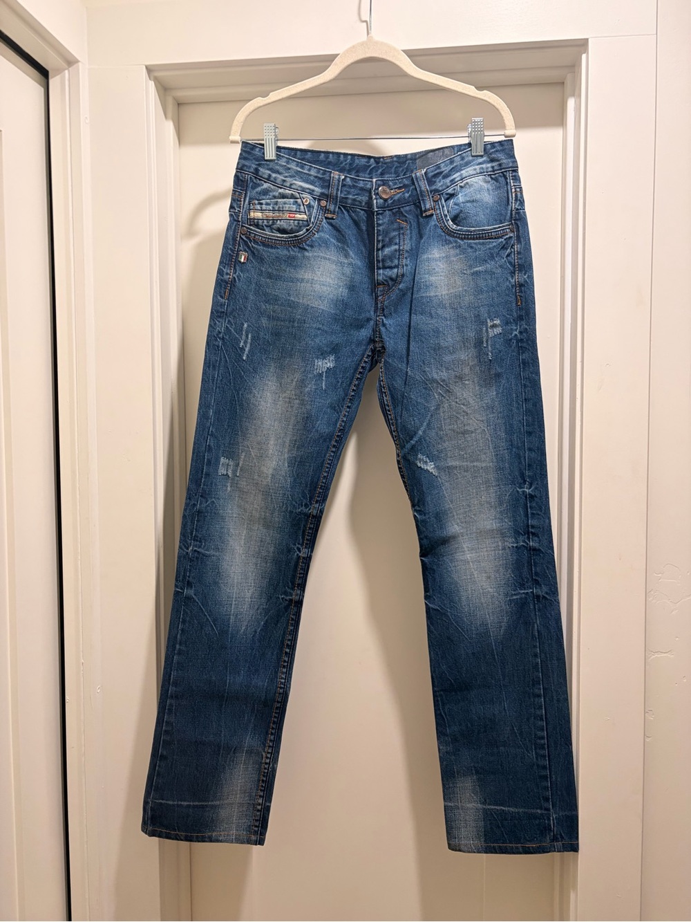 Diesel Italian Denim Blue Distressed Straight-Leg Jeans